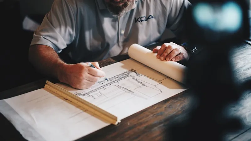 Architectural blueprints and building plans on a desk